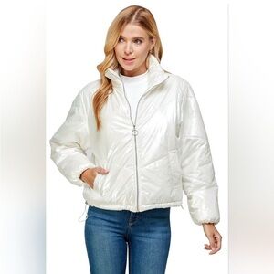 TCEC Women's White Puffer Metallic Jacket Large EUC